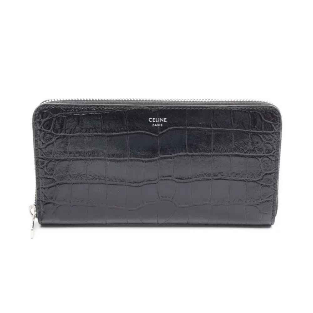 Celine Crocodile Embossed Round Long Wallet Leather Black